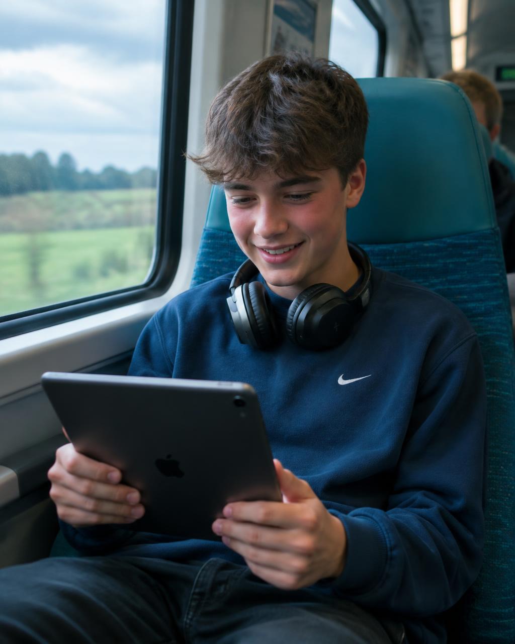 A GCSE student studying with the ResultsPlug app on an iPad while travelling by train